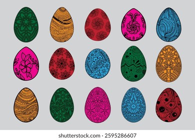 Colorful Decorative Easter Eggs with Intricate Patterns Mandala, Floral, Paisley, and Zentangle Designs, Digital Art, Printable Clipart for DIY Crafts, Festive Decor, Stickers, and Gift Tags

