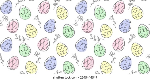 Colorful decorative Easter eggs, outline flowers, twigs and inflorescences on a white background. Festive endless texture. Vector seamless pattern for wrapping paper, cover, giftwrap, surface texture