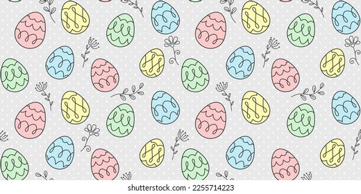 Colorful decorative Easter eggs, outline flowers, twigs and inflorescences on a light gray background with polka dots. Festive endless texture. Vector seamless pattern for wrapping paper, cover, print