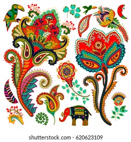 Colorful decorative elements. Paisley, decorative flowers, bird, elephant. Indian ornament