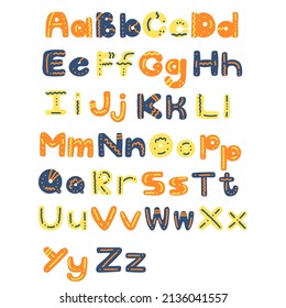 Colorful decorative English alphabet in yellow, orange, blue colors. Vector illustration of cute kids font for education, home decor, card, quotes, print