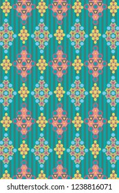 Colorful decorative ethnic pattern over striped background. Beautiful design for backgrounds, textiles, fabric, wallpapers, backdrops, packaging, wrapping, and creative surface design templates. Patte