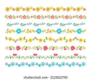 Colorful decorative floral borders. Spring flower text dividers. Perfect for frames design. Seamless border. Isolated borders on white background.