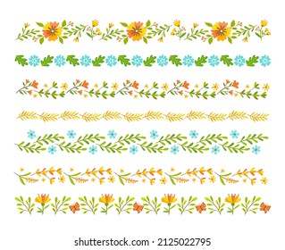 Colorful decorative floral borders. Spring flower text dividers. Perfect for frames design. Seamless border.