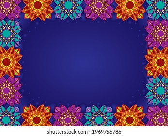 Colorful decorative flowers on a dark blue background, beautiful greeting card