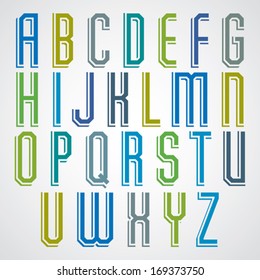 Colorful decorative font, geometric narrow uppercase letters with white outline.