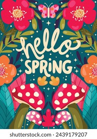 Colorful decorative hand lettered design with mushrooms, flowers and flower decoration. Hello spring vibrant vector illustration