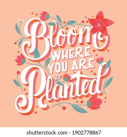 Colorful decorative handwritten typography design with flowers and decoration. Spring hand lettering illustration design. 