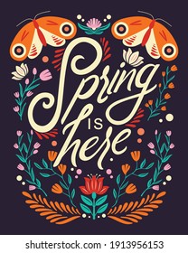 Colorful decorative handwritten typography design with animals and flower decoration. Spring hand lettering illustration design. Spring motifs in folk art style. Colorful flat vector illustration. 