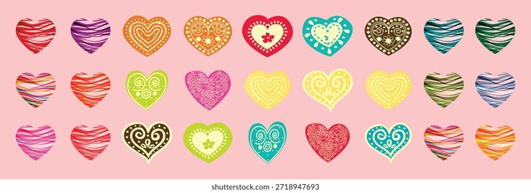 Coleção de corações decorativos coloridos, Conjunto de ilustrações de coração de amor padronizado, Corações de namorados ornamentais para cartões de saudação, design de casamento, convites, Scrapbook e projetos gráficos criativos.