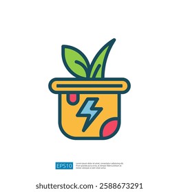 Colorful Decorative Icon of Potted Plant with Leaf and Lightning Symbol in Modern Graphic Design Style