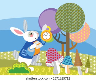 Colorful Decorative Image White Rabbit With Golden Clock In Forest. Alice In Wonderland - Fictional Character, Vector Cartoon Flat Illustration In Different Colors With Seamless Pattern Elements. 