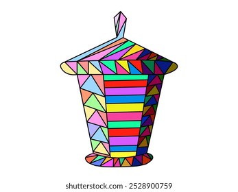 Colorful decorative lantern with geometric patterns isolated on a white background. Concept of vibrant home decor, festive lighting, mosaic design. Design element, art, symbol, and icon