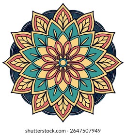 Colorful decorative mandala art with intricate floral patterns. Ideal for spiritual designs, yoga, meditation, or bohemian decor projects.