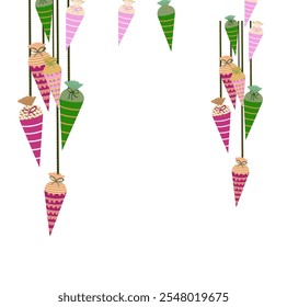 Colorful decorative Mehendi cone hanging with patterns for indian mehendi ceremony invite decor setup, haldi invitation, pool party, maayra event, hindu wedding function, bhaat