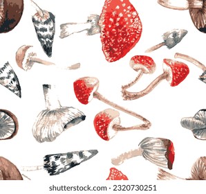 Colorful decorative mushrooms watercolor hand drawn seamless pattern on white. Bright mushrooms repeated background