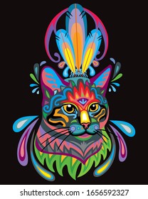Colorful decorative ornamental portrait of fluffy cat in zentangle style. Decorative abstract vector illustration in different colors isolated on black background. Stock illustration for design. 