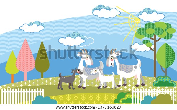 Cute goats farm vector cartoon flat illustration in different colors isolated on white background. 