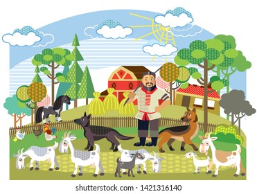 Colorful decorative outline cute farmer with german shepherd herds white goats standing in profile in garden. Farm vector cartoon flat illustration in different colors isolated on white background. 