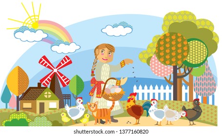 Colorful decorative outline cute girl feeds chickens in garden. Farm vector cartoon flat illustration in different colors isolated on white background. 