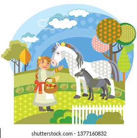 Colorful decorative outline cute girl and white horse with black foal standing in profile in garden. Farm vector cartoon flat illustration in different colors isolated on white background. 