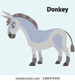 Colorful decorative outline cute grey donkey standing in profile. Farm animals and birds vector cartoon flat illustration in different colors isolated on grey background. 