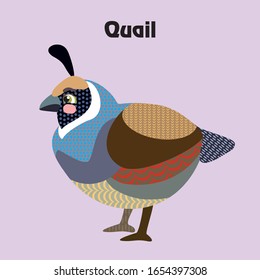 Colorful decorative outline cute quail bird sitting in profile. Wild birds vector cartoon characters flat illustration in different colors isolated on purple background.Vector stock illustration.