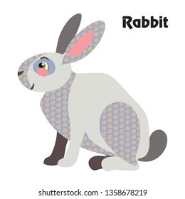 Colorful decorative outline cute rabbit grey color sitting in profile. Farm animals and birds vector cartoon flat illustration in different colors isolated on white background. 