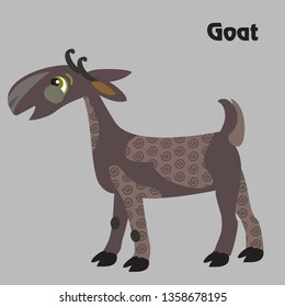 Colorful decorative outline funny black goat standing in profile.  Farm animals and birds vector cartoon flat illustration in different colors isolated on grey background. 