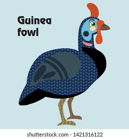 Colorful decorative outline funny colorful guinea fowl standing in profile. Farm animals and birds vector cartoon flat illustration in different colors isolated on blue background. 