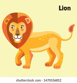 Colorful decorative outline funny colorful lion standing in profile. Wild animals and birds vector cartoon flat illustration in different colors isolated on yellow background. 