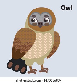 Colorful decorative outline funny colorful owl. Wild animals and birds vector cartoon flat illustration in different colors isolated on grey background. 