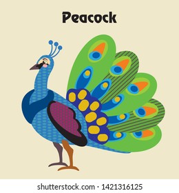 Colorful decorative outline funny colorful peacock standing in profile. Farm animals and birds vector cartoon flat illustration in different colors isolated on beige background. 