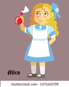 Colorful decorative outline portrait of girl in blue dress with potion in her hand. Alice in Wonderland ,vector cartoon flat illustration with seamless pattern elements isolated on grey background. 