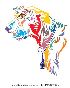 Colorful decorative outline portrait of Irish Wolfhound Dog looking in profile, vector illustration in different colors isolated on white background. Image for design and tattoo. 