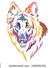 Colorful decorative outline portrait of Longhaired German Shepherd Dog, vector illustration in different colors isolated on white background. Image for design and tattoo. 