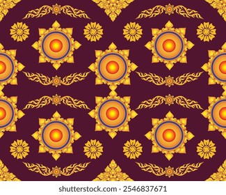 Colorful decorative pattern featuring intricate designs and vibrant elements. repeating motifs include circular shapes and floral accents, creating rich visual tapestry.