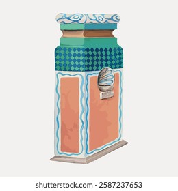 Colorful decorative pillar with geometric patterns and shell motif. Features vibrant blue, green, and orange hues. Artistic pillar design with intricate details. Vintage art illustration, vector.