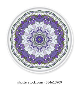 Colorful decorative plate with pattern on white background. Home decor background, Interior decoration, kitchen plate. Vector illustration.