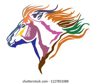 Colorful decorative portrait in profile of running pony with long mane, vector illustration in different colors isolated on white background. Image for design and tattoo. 