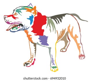 Colorful decorative portrait of standing in profile American Pit Bull Terrier, vector isolated illustration on white background