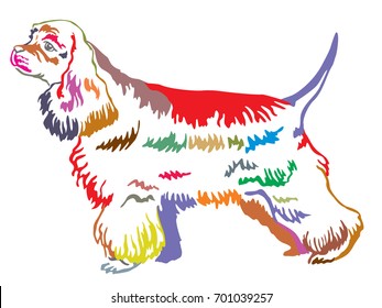 Colorful decorative portrait of standing in profile dog American Cocker Spaniel, vector isolated illustration on white background