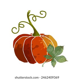 Calabaza decorativa de colores, calabaza con hojas de otoño. Vector gráfico.