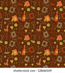 Colorful decorative seamless background with photo frames, candles, hearts, stars, goblets and bottles of vine. Endless drawn pattern with many cute details