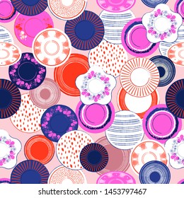Colorful Decorative seamless pattern background with ceramic porcelain ,Design for fashion , fabric, web,wallpaper ,web and all prints on light pink background color