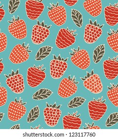 Colorful decorative seamless pattern with berries. Raspberries doodle background
