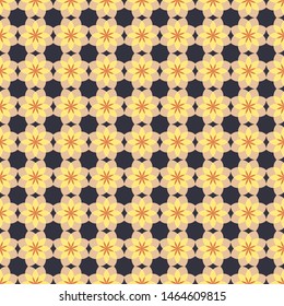 Colorful decorative seamless pattern. Bright geometric yellow flowers on dark violet background. Suit for textile, packaging.