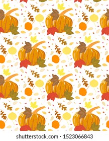 Colorful, decorative, seamless pattern with pumpkin and autumn leaves for thanksgiving