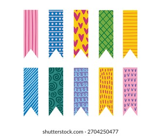 Colorful decorative tape patterned tape strips, cute scotch tapes, bookmarks. Cute pieces tape set. Scrapbooking element for creative digital collages. Vector illustration