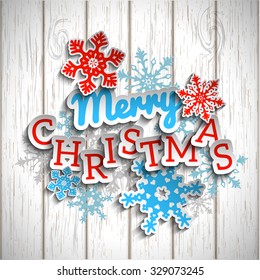 Colorful Decorative Text Merry Christmas With 3d Effect, On White Wooden Background, Vector Illustration, Eps 10 With Transparency And Gradient Meshes